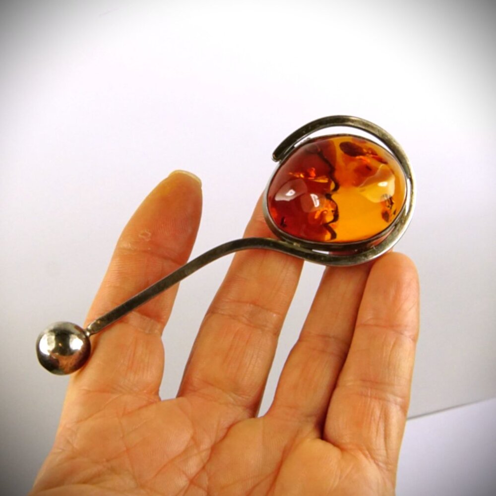 Modernist Giant Amber 925 Silver Brooch Pin 4" Long - Rare Collectible Gift